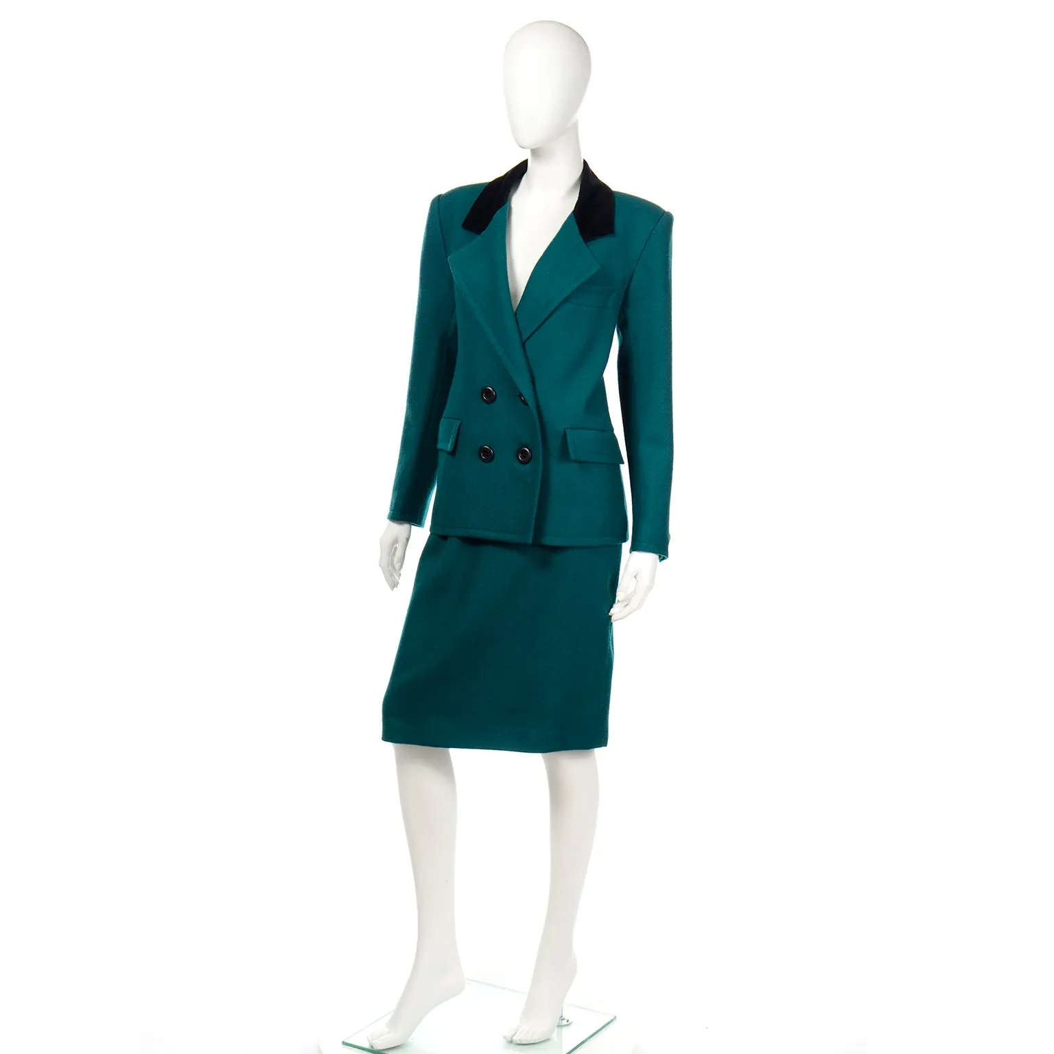 1990s Yves Saint Laurent YSL Green Wool Jacket & Skirt Suit