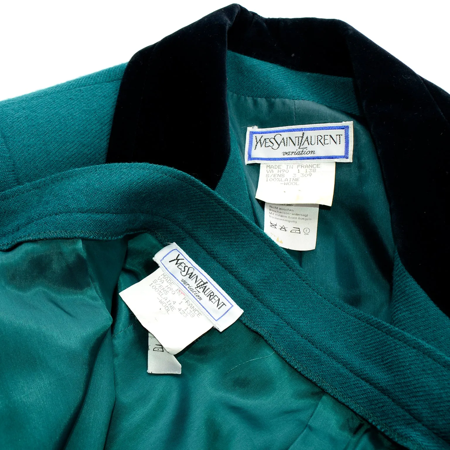 1990s Yves Saint Laurent YSL Green Wool Jacket & Skirt Suit