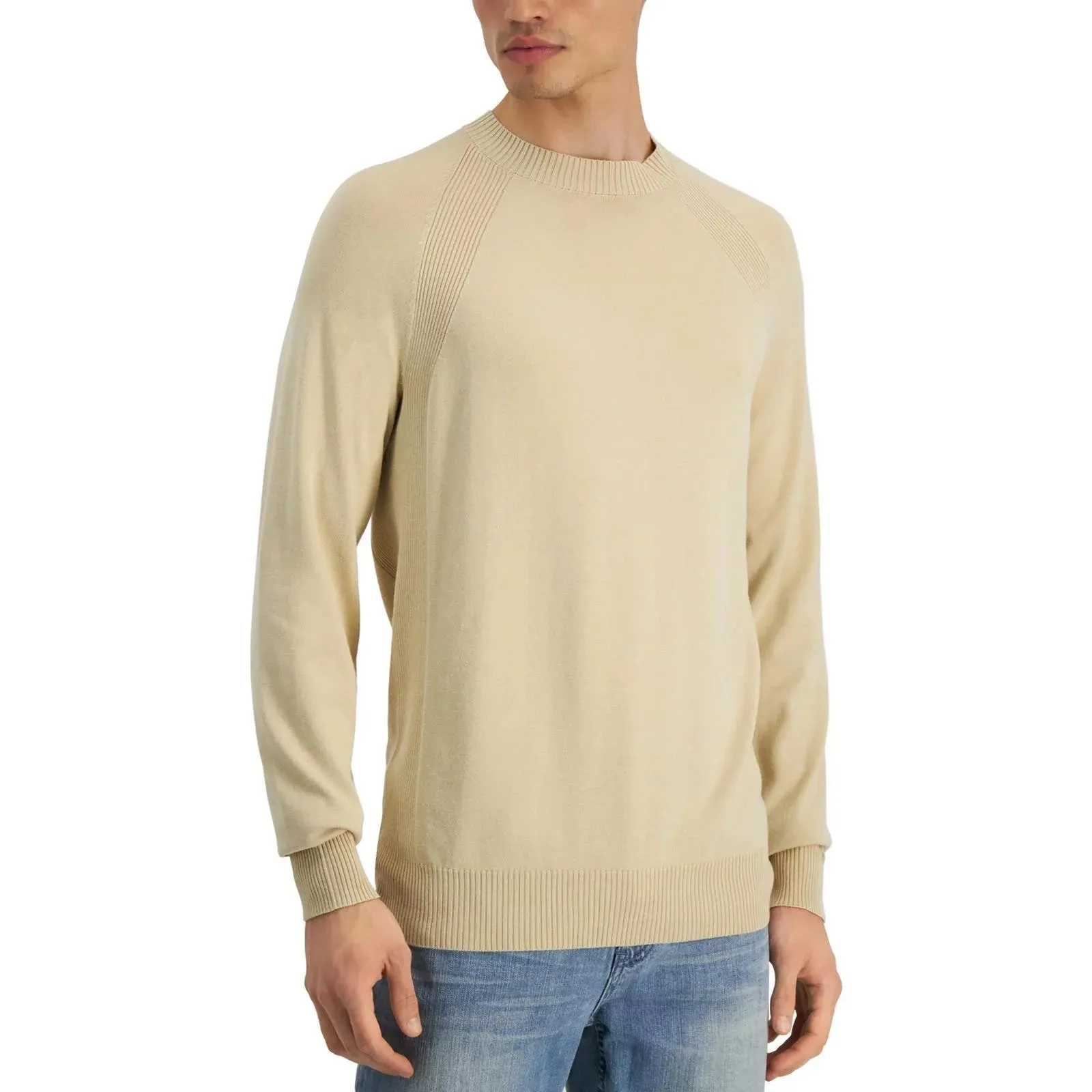 Alfani Men's Ribbed Trim Pullover Crewneck Sweater In Pale Khaki