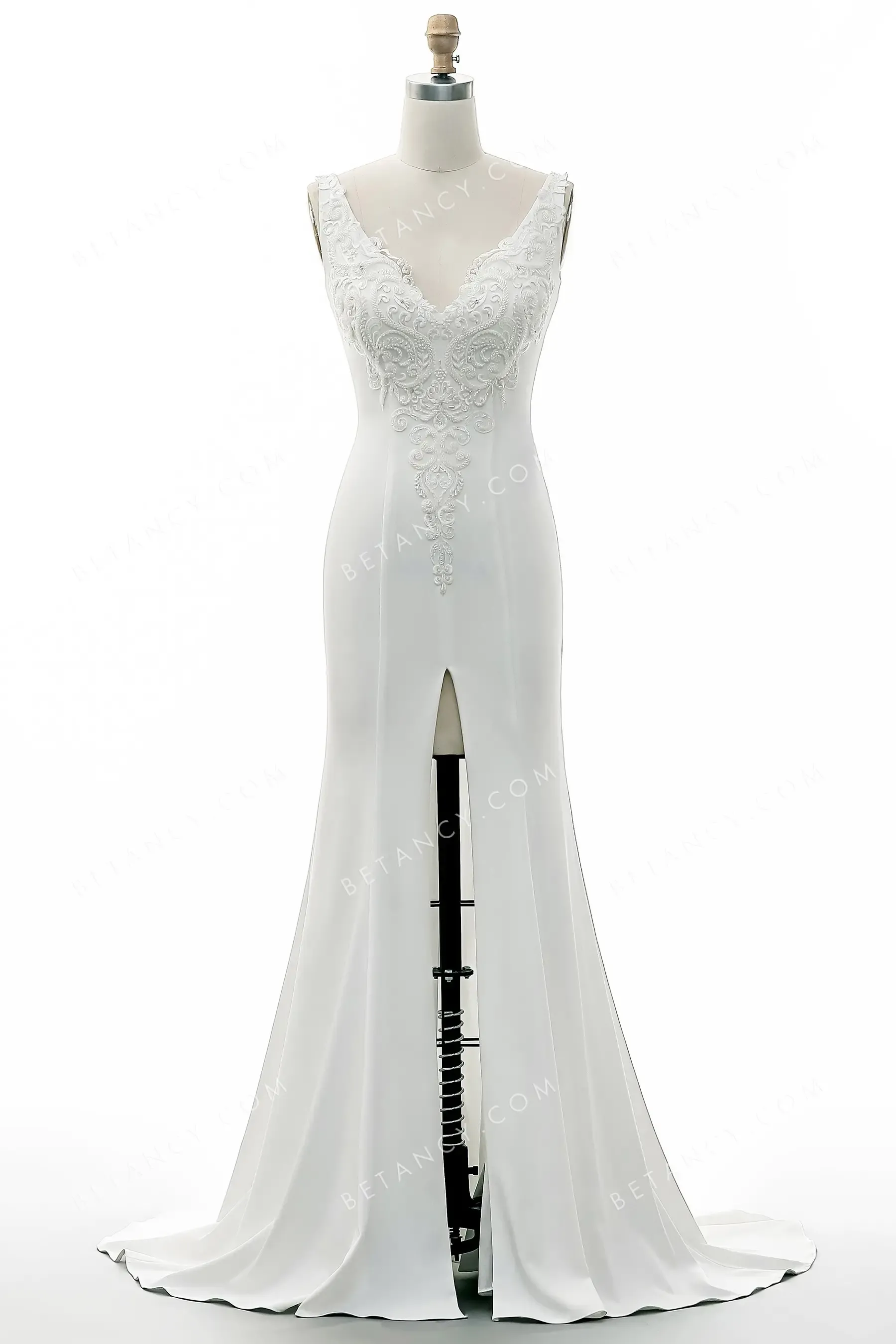 Beaded Lace Strap V Neckline High Slit Wedding Gown