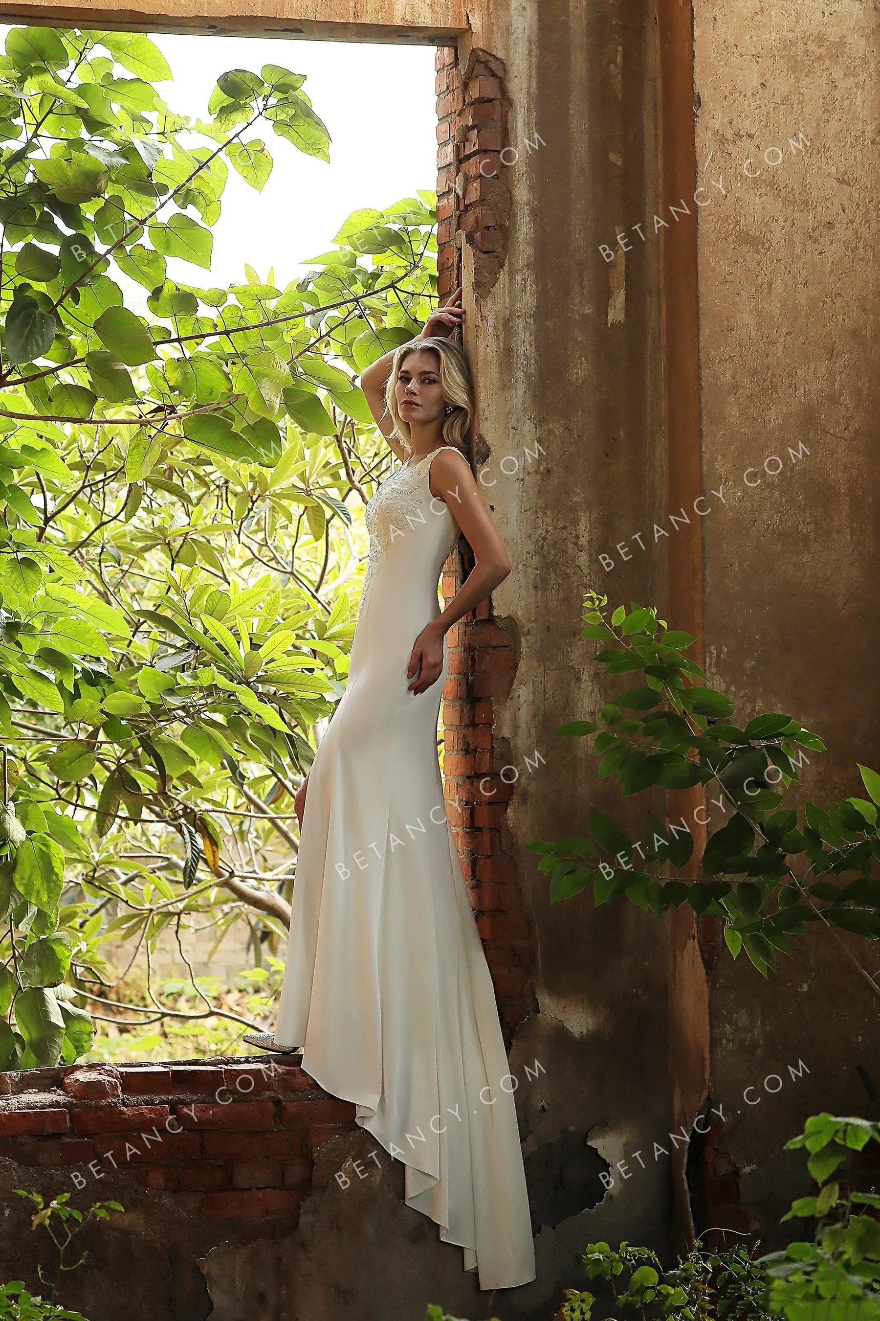 Beaded Lace Strap V Neckline High Slit Wedding Gown