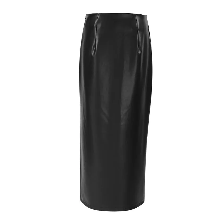 Black Commuter French PU Leather High Waist Split Pencil Midi Skirt