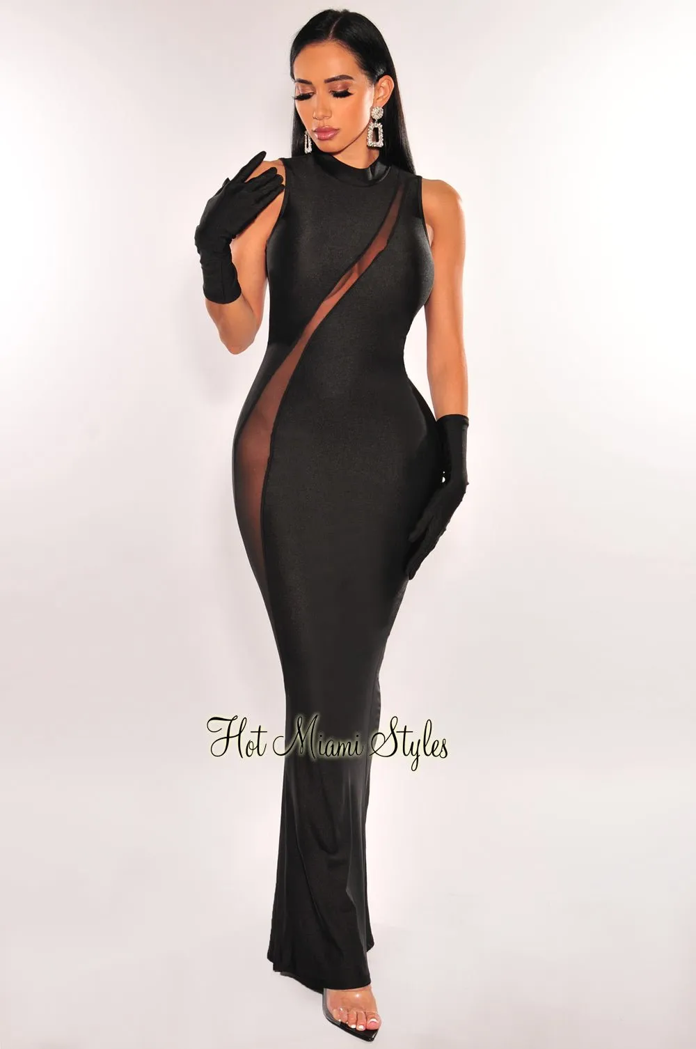 Black Mesh Sleeveless Mock Neck Mermaid Gown   Gloves