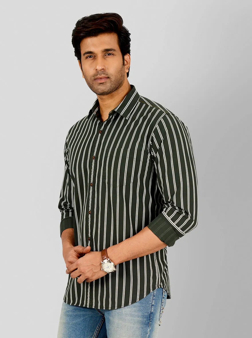 Bottle Green Striped Slim Fit Casual Shirt | Greenfibre