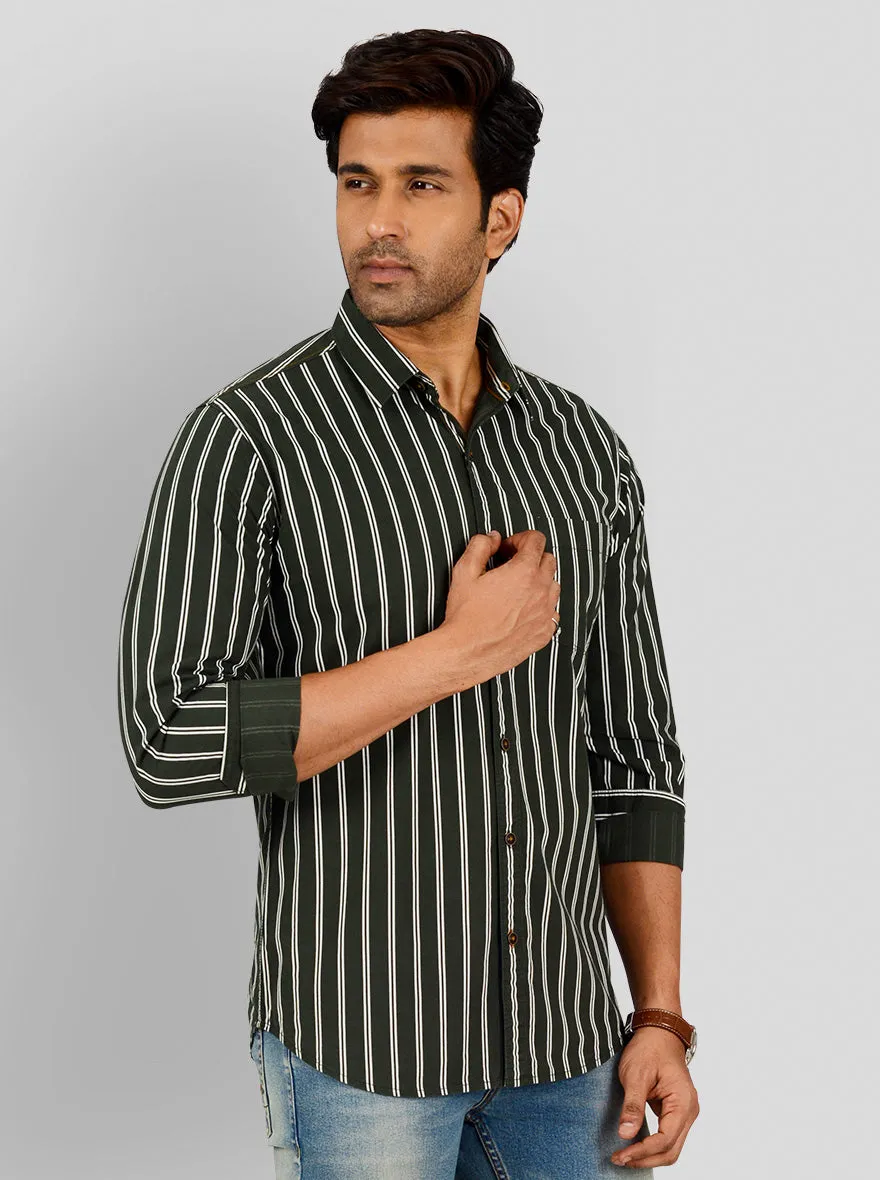 Bottle Green Striped Slim Fit Casual Shirt | Greenfibre