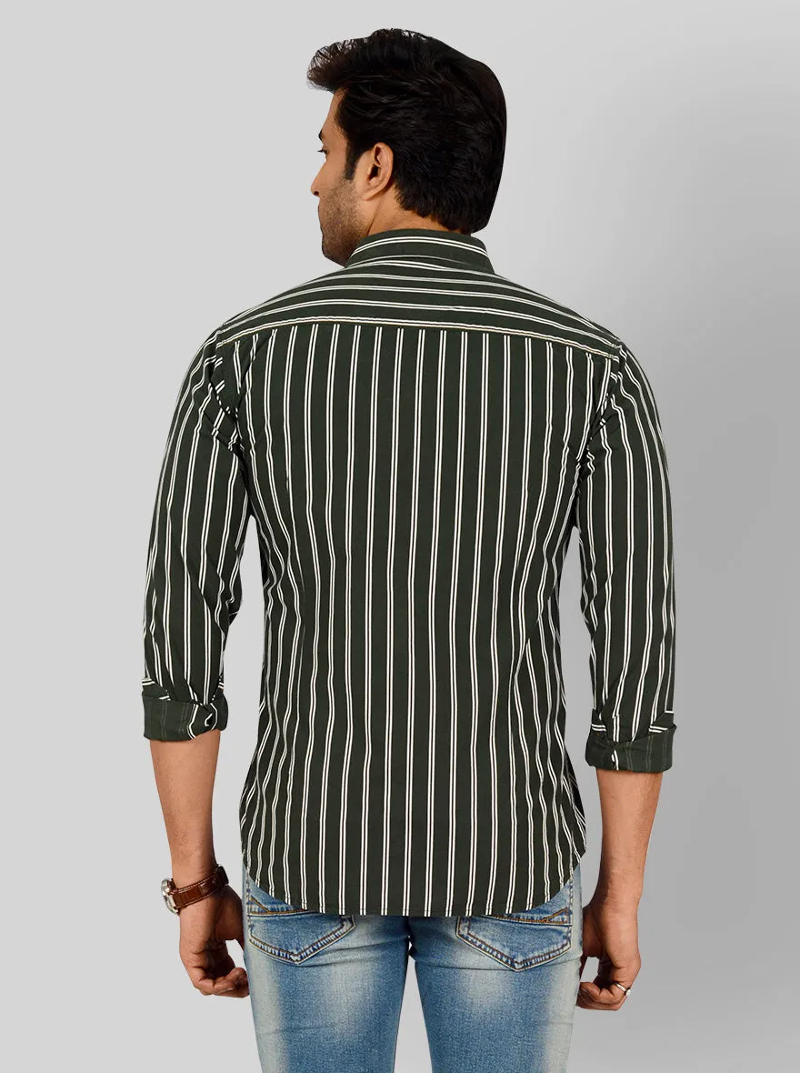 Bottle Green Striped Slim Fit Casual Shirt | Greenfibre