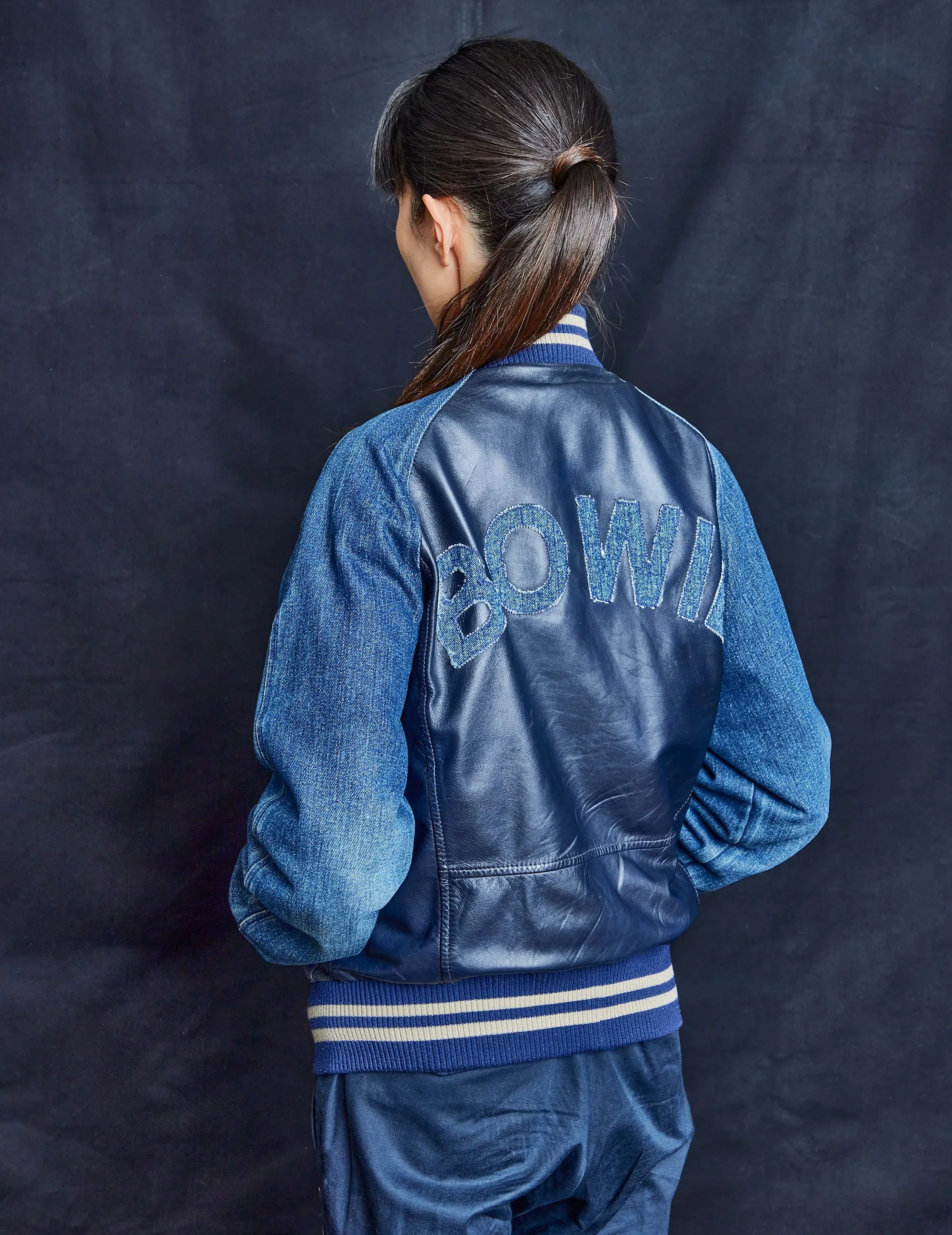 Bowie Denim and Leather Varsity Bomber Jacket