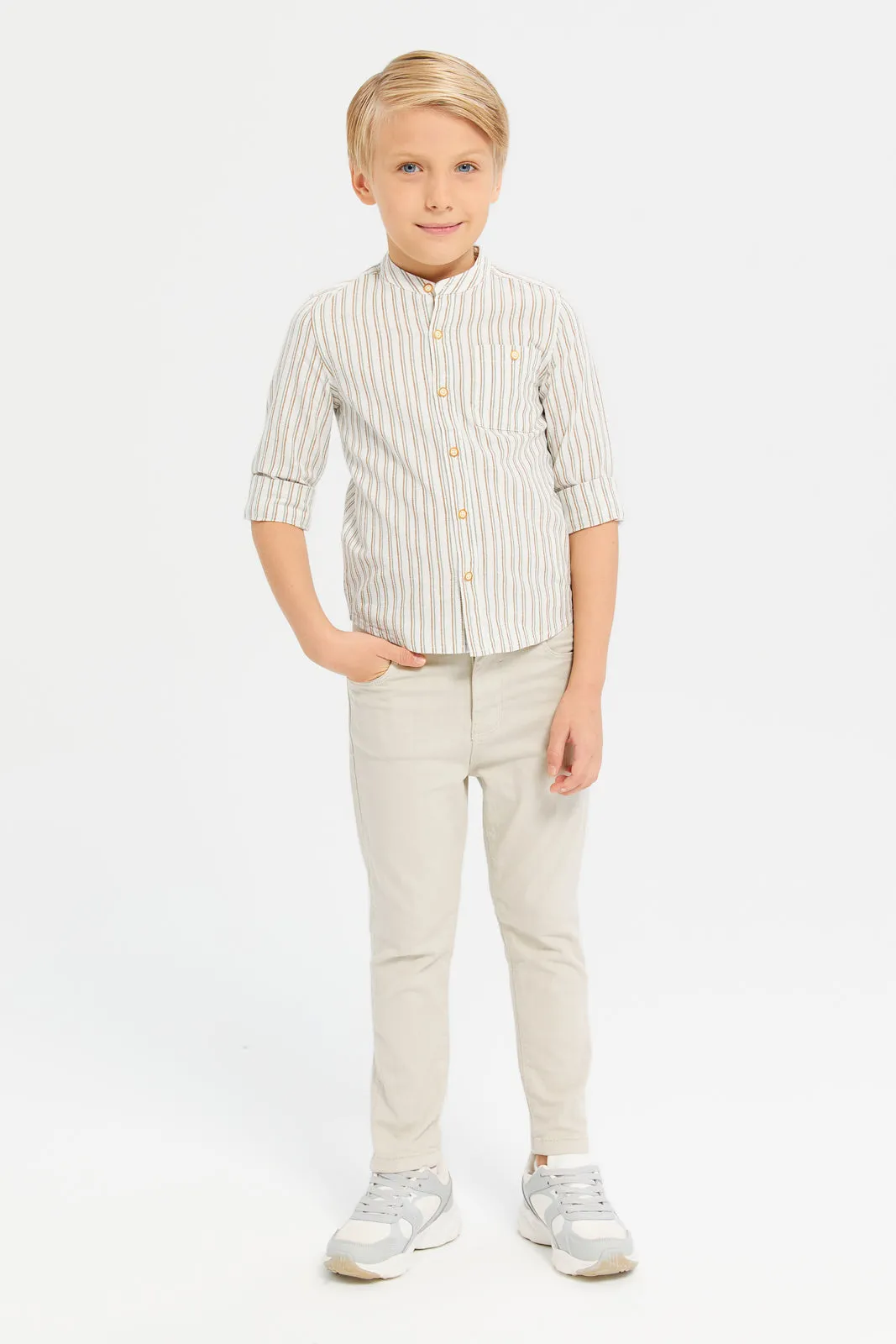 Boys White Stripe Mandarin Collar Shirt