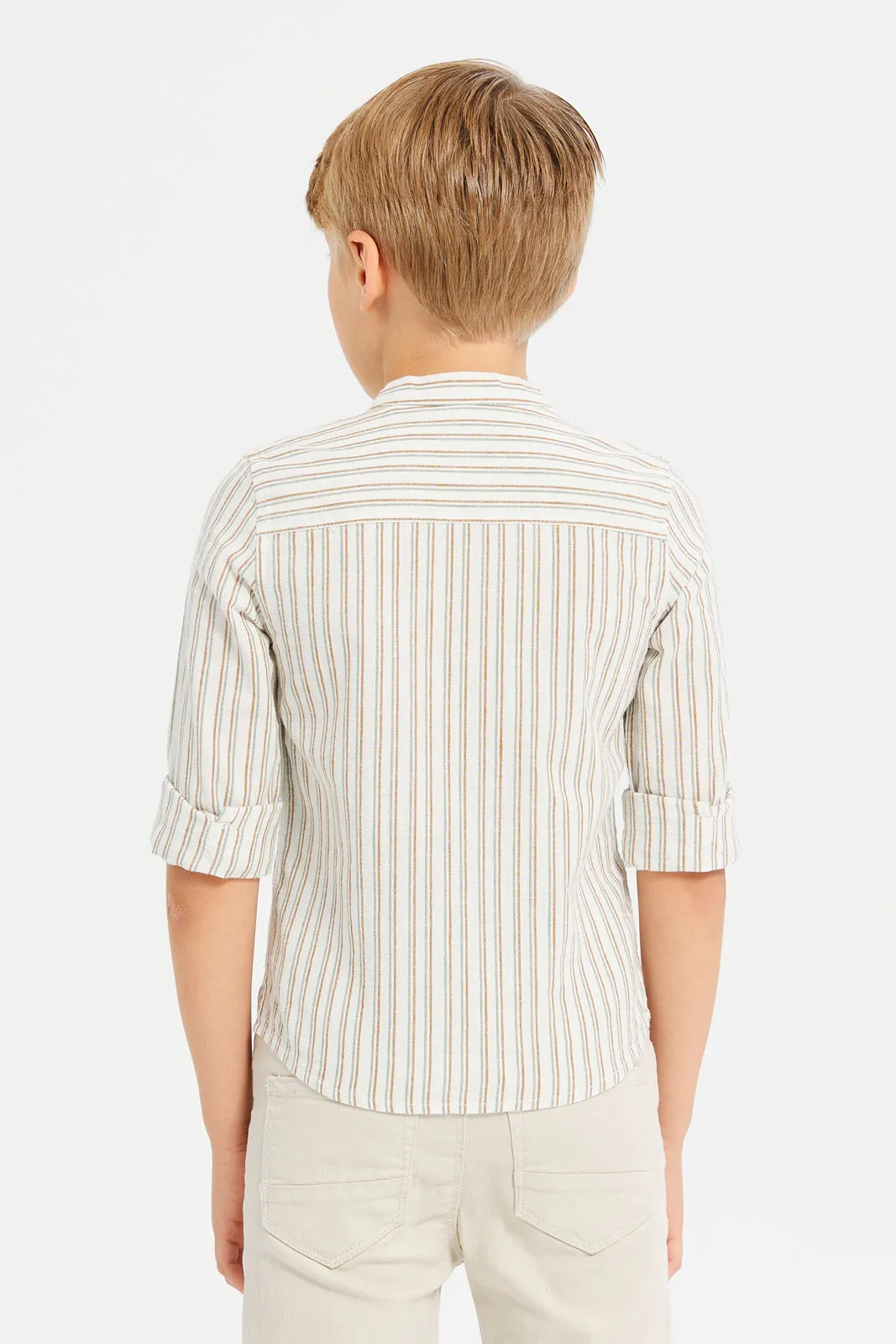 Boys White Stripe Mandarin Collar Shirt