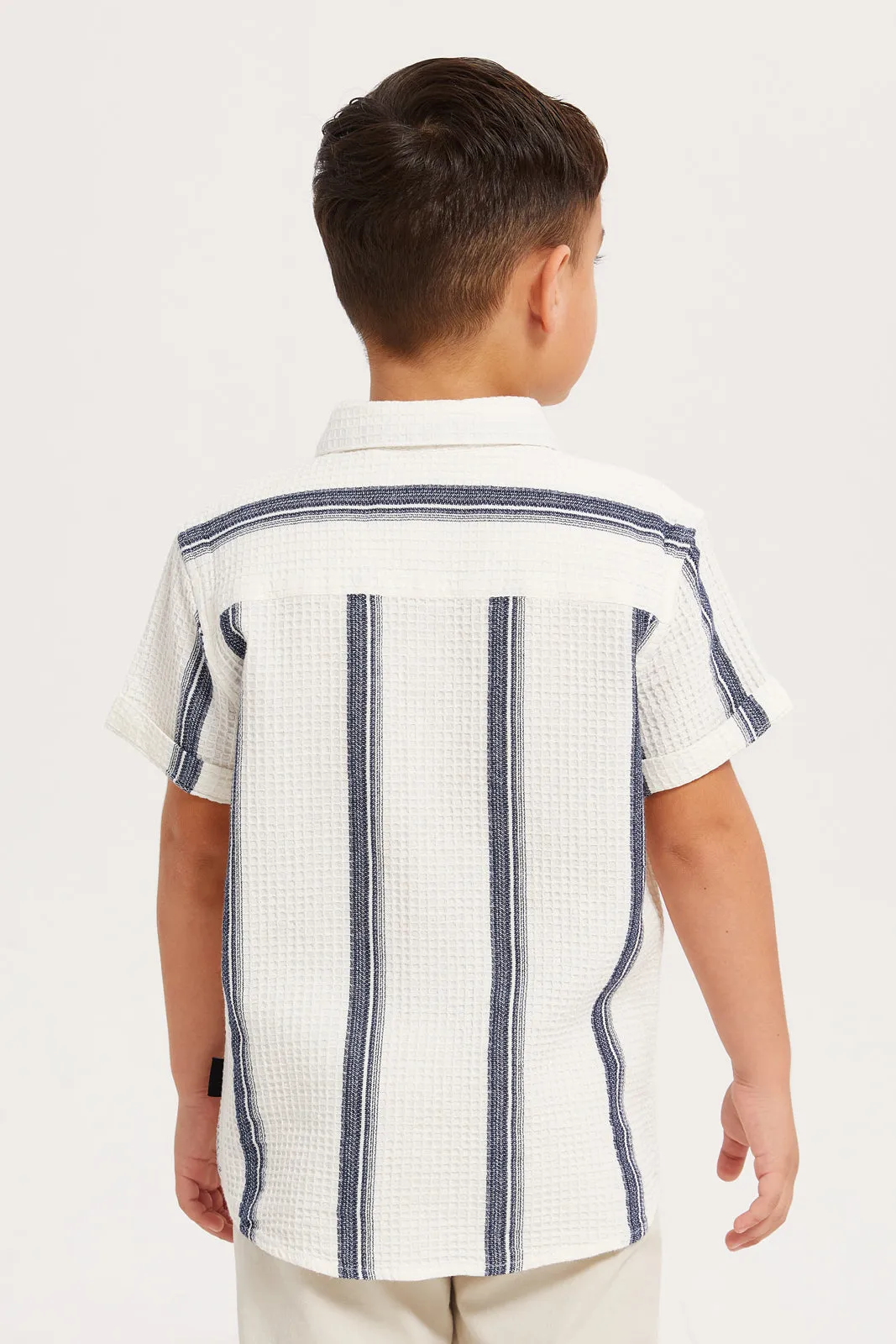 Boys White Striped Waffle Shirt