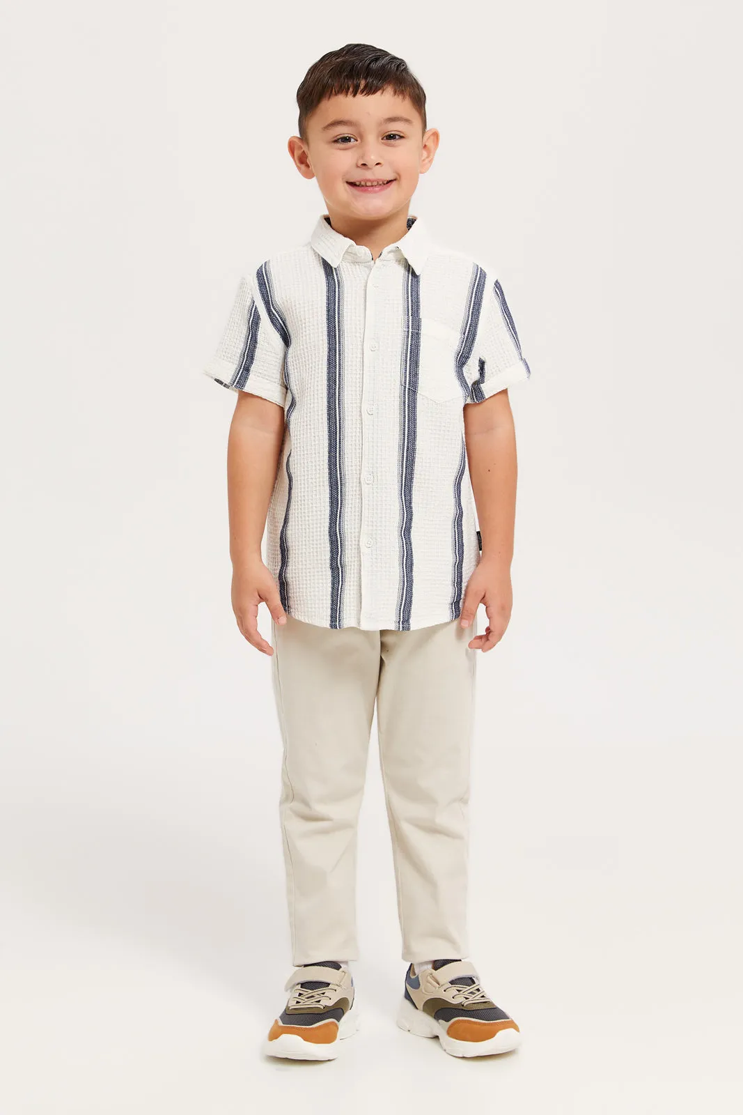 Boys White Striped Waffle Shirt