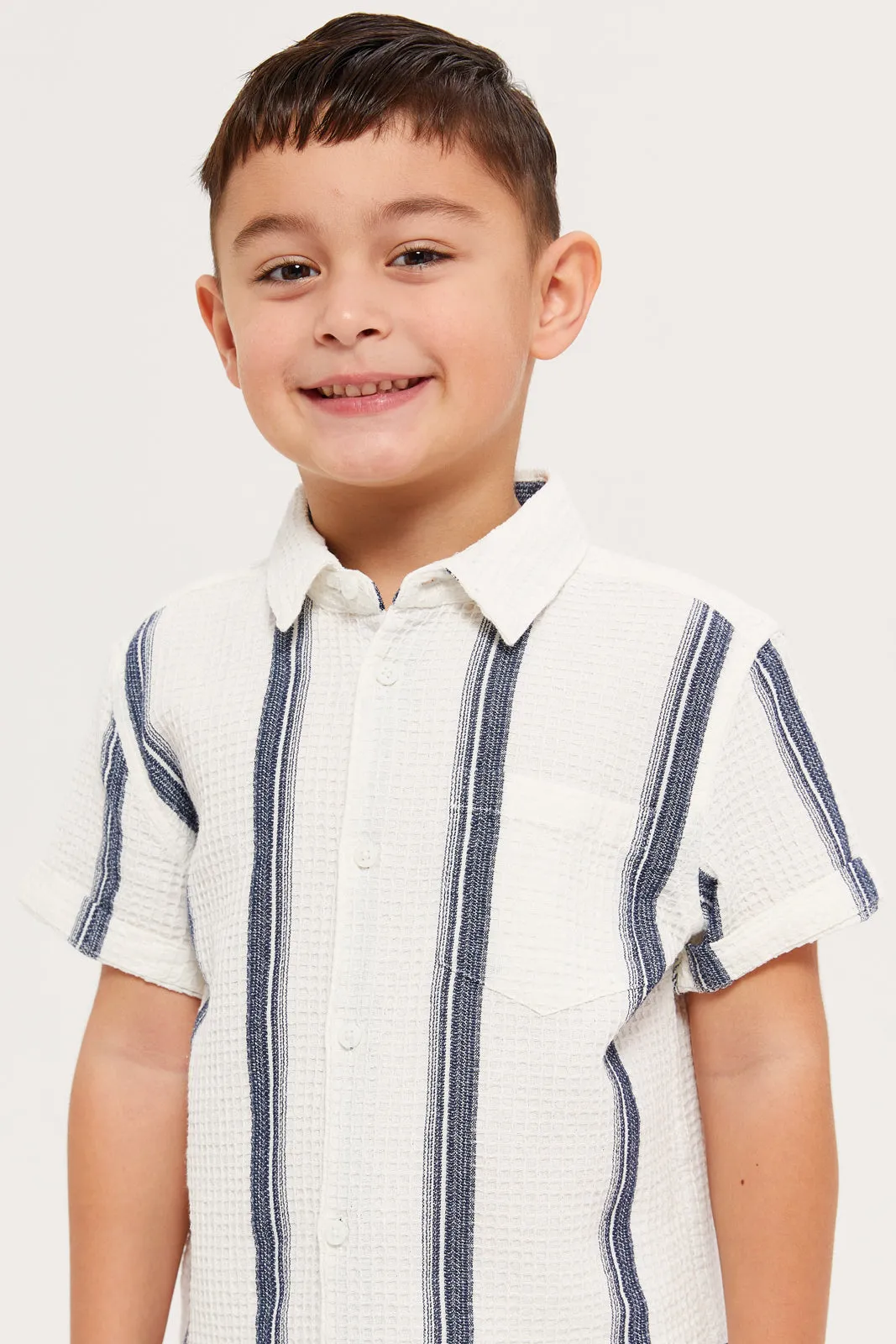 Boys White Striped Waffle Shirt