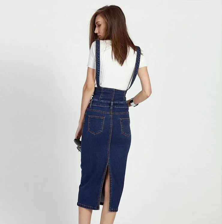 Button Tea Length Pencil Denim Skirts With Straps