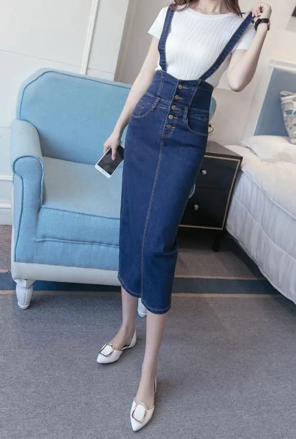 Button Tea Length Pencil Denim Skirts With Straps