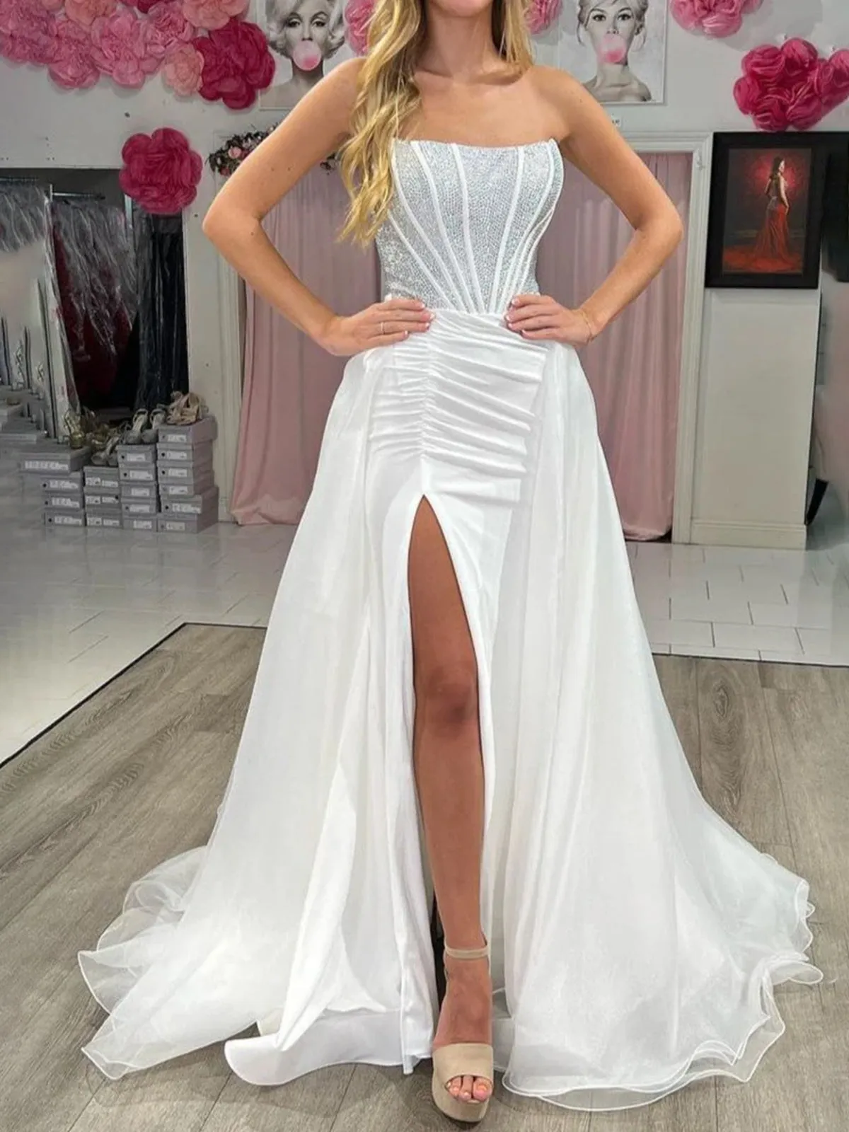 Chime | White Mermaid Strapless Satin Long Prom Dresses With Beading