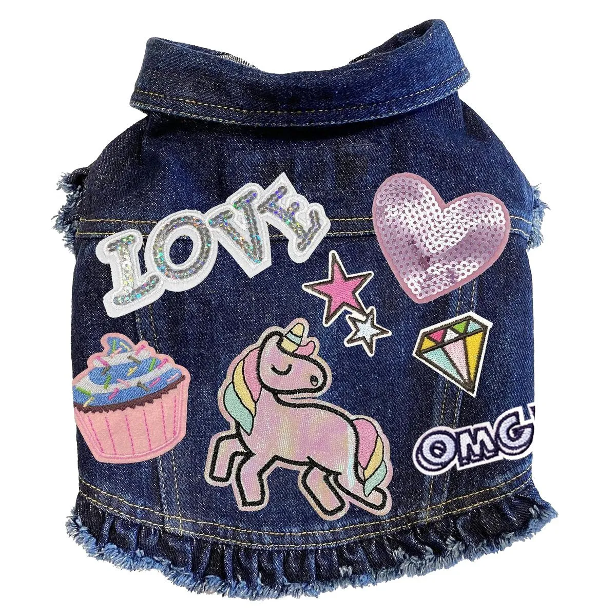 Custom Love Unicorns Denim Dog Jacket With Ruffles