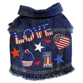 Custom Patriotic Love Denim Dog Jacket With Ruffles