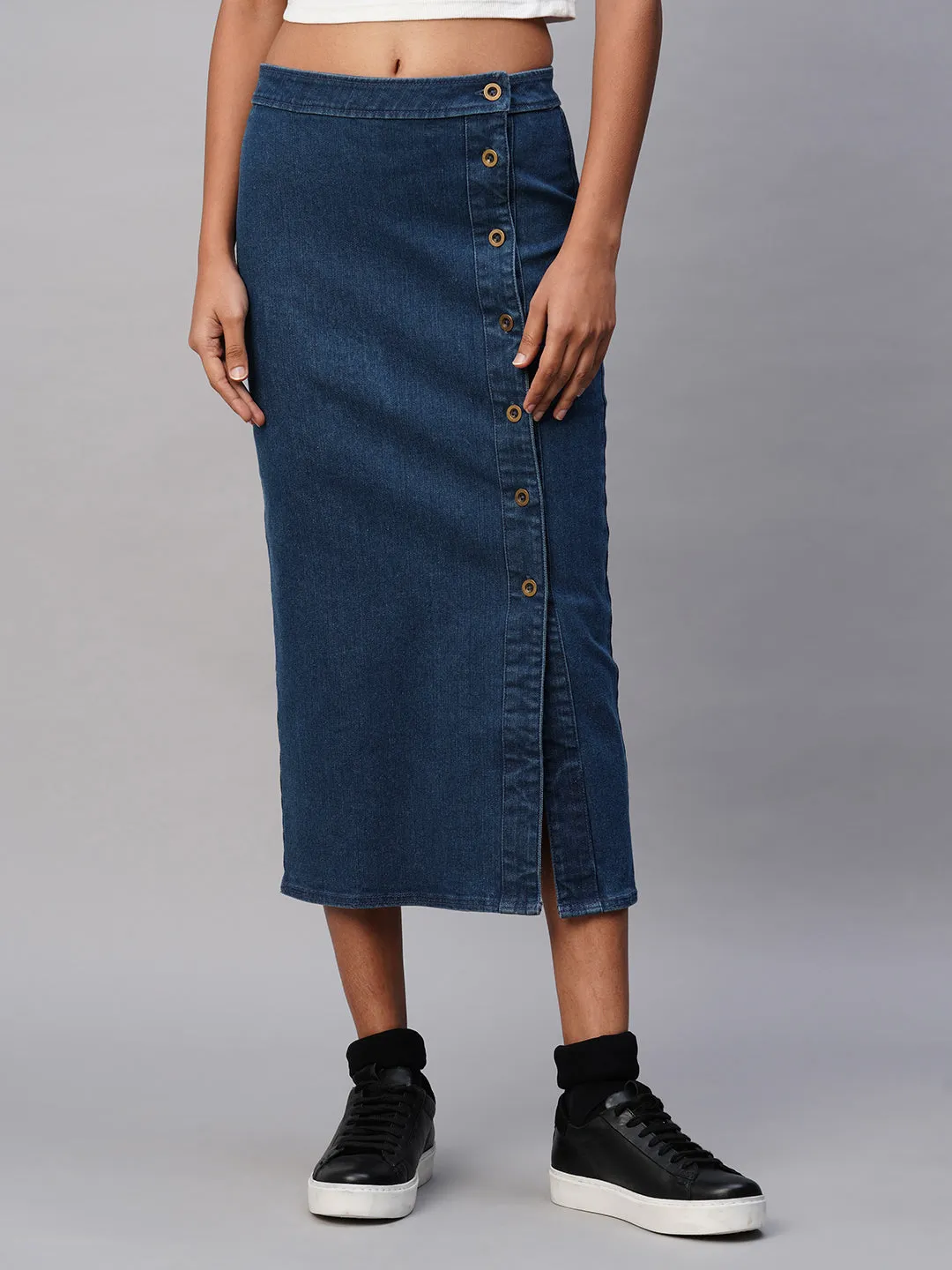 Dark Wash Denim Button Down Pencil Skirt