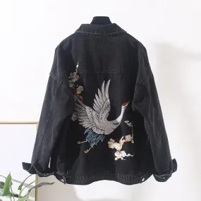 Denim Jacket Oversize Women Casual Loose Jeans Jacket Embroidery Small Crane Denim Jacket Veste Femme Women Jackets Coat Outwear