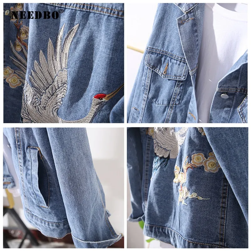 Denim Jacket Oversize Women Casual Loose Jeans Jacket Embroidery Small Crane Denim Jacket Veste Femme Women Jackets Coat Outwear