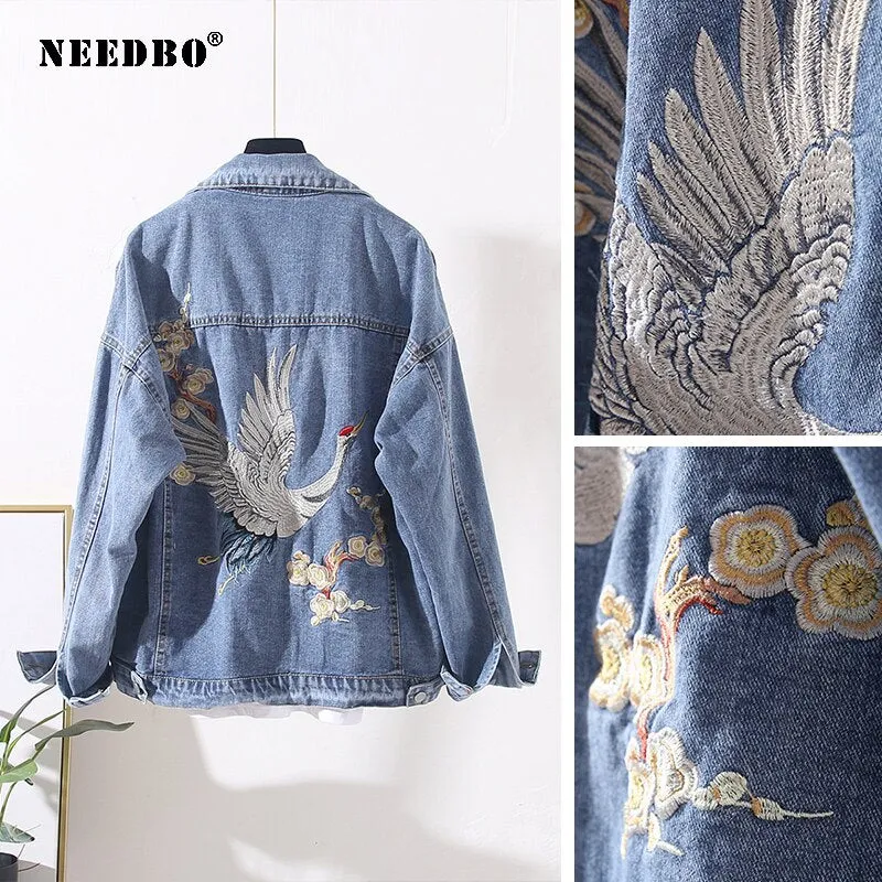 Denim Jacket Oversize Women Casual Loose Jeans Jacket Embroidery Small Crane Denim Jacket Veste Femme Women Jackets Coat Outwear