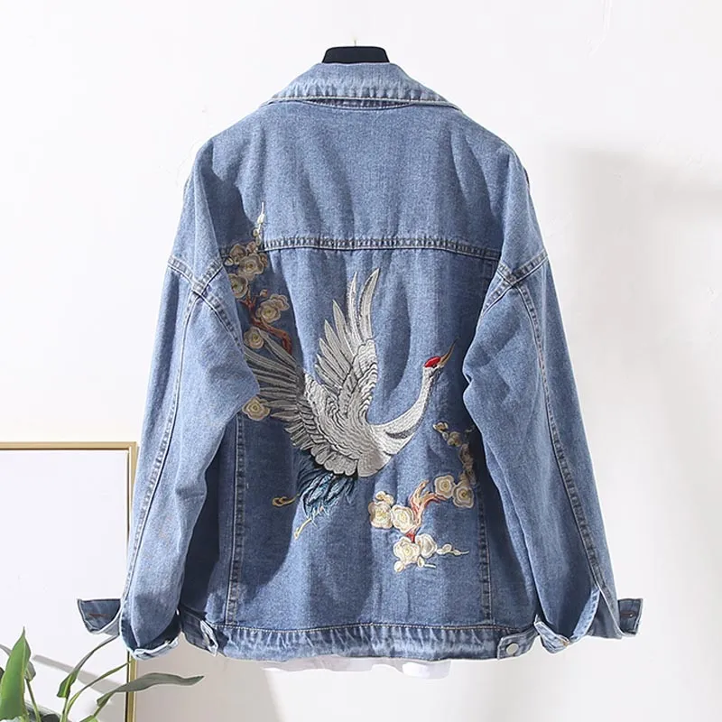 Denim Jacket Oversize Women Casual Loose Jeans Jacket Embroidery Small Crane Denim Jacket Veste Femme Women Jackets Coat Outwear