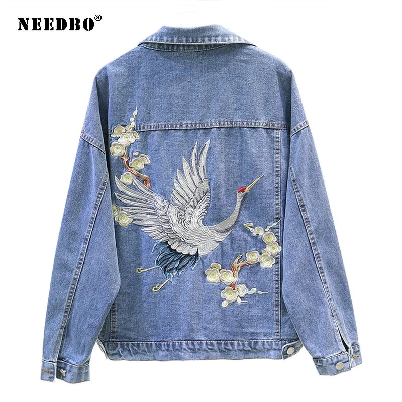 Denim Jacket Oversize Women Casual Loose Jeans Jacket Embroidery Small Crane Denim Jacket Veste Femme Women Jackets Coat Outwear