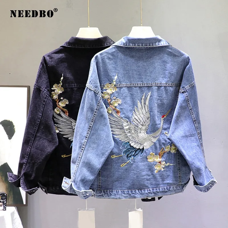 Denim Jacket Oversize Women Casual Loose Jeans Jacket Embroidery Small Crane Denim Jacket Veste Femme Women Jackets Coat Outwear