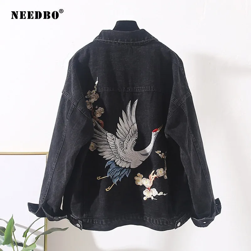 Denim Jacket Oversize Women Casual Loose Jeans Jacket Embroidery Small Crane Denim Jacket Veste Femme Women Jackets Coat Outwear