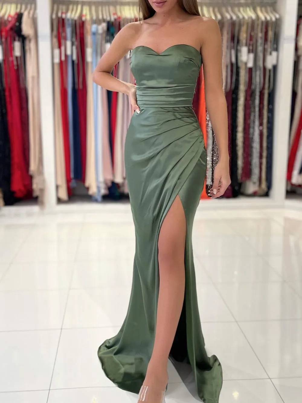 Dusty Sage Strapless Trumpet Prom Dress Thigh Slit Mermaid Prom Gown PD2867