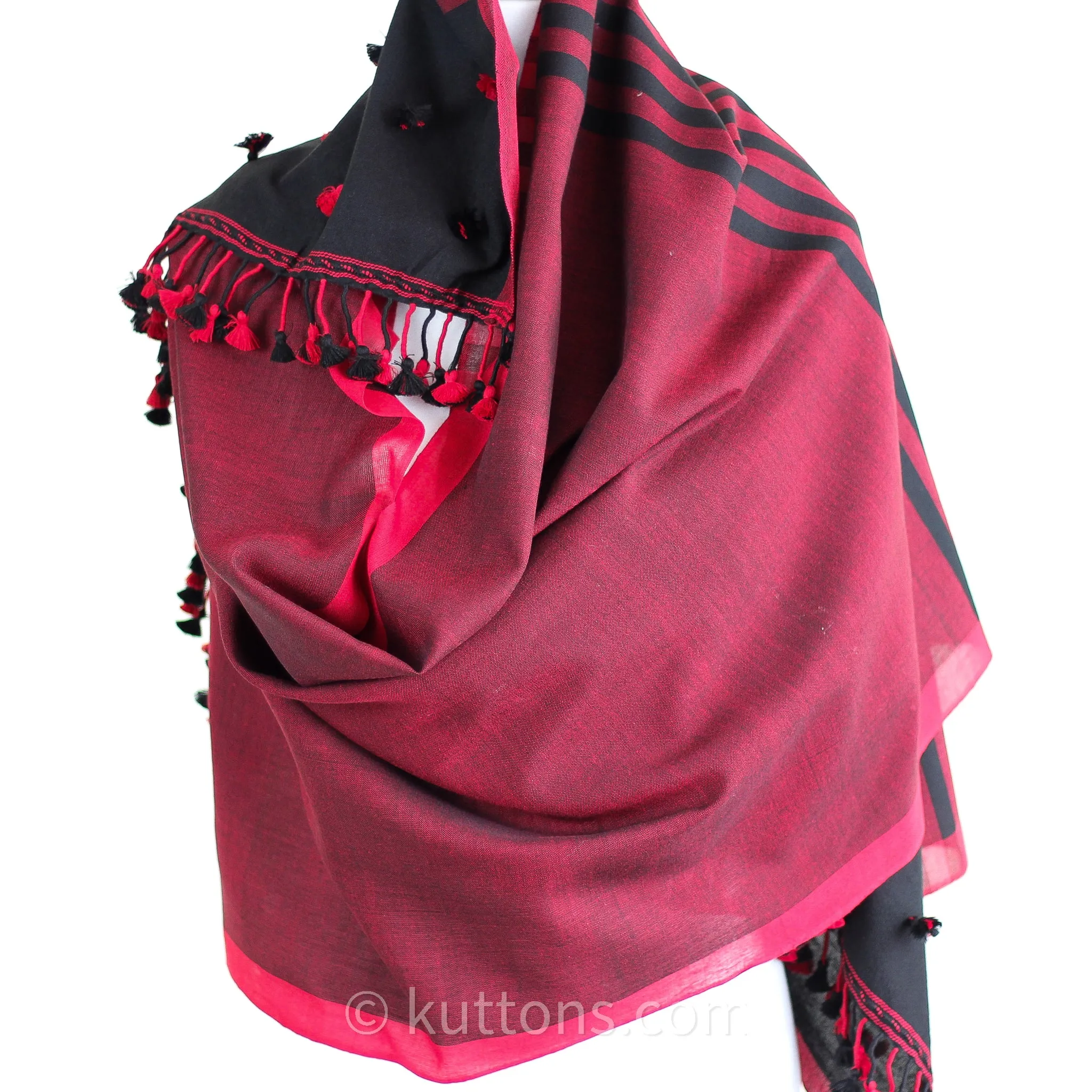 Ethnic Miri Fine Cotton Scarf - Handwoven Wrap with Tassels | Black-Red, 25x76"