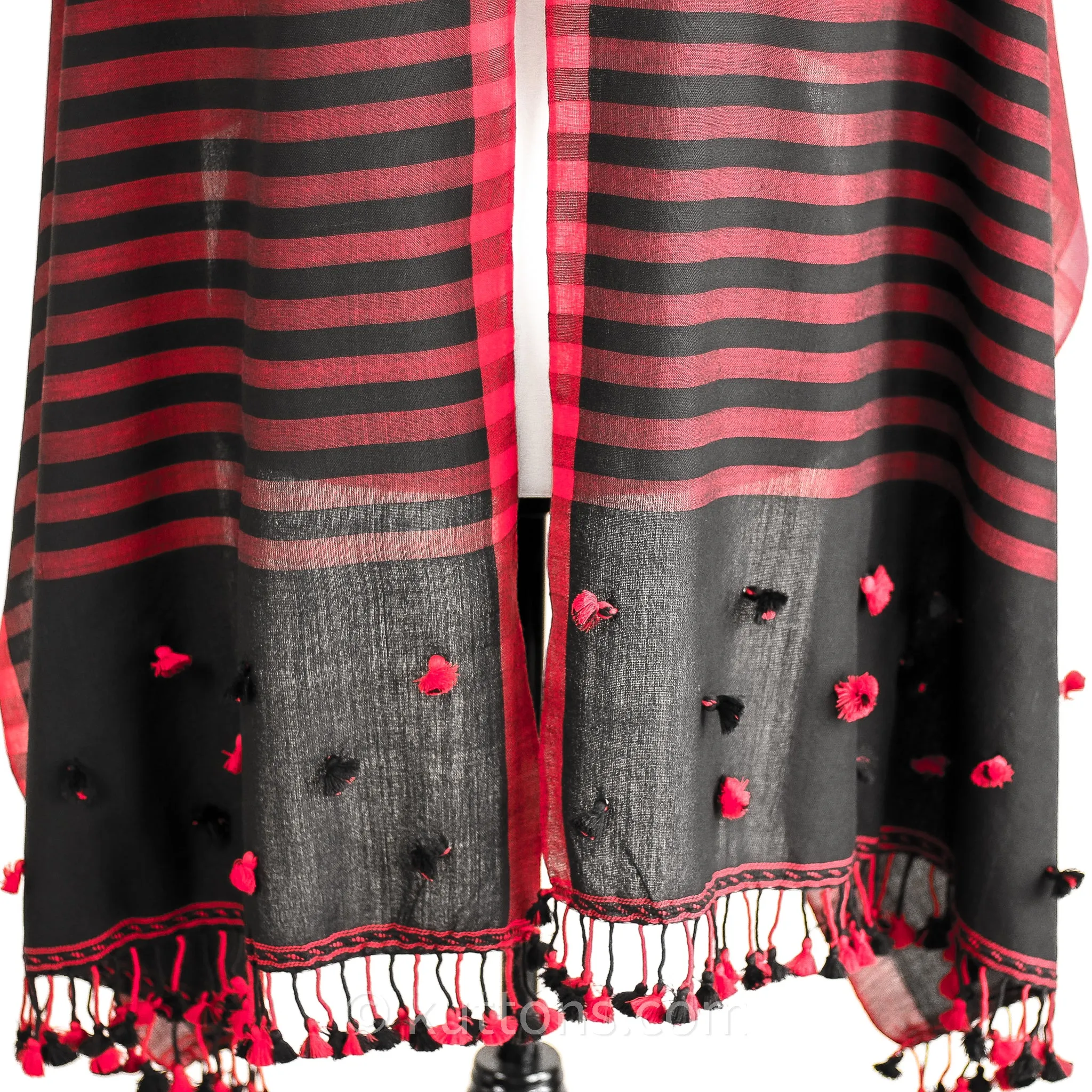 Ethnic Miri Fine Cotton Scarf - Handwoven Wrap with Tassels | Black-Red, 25x76"