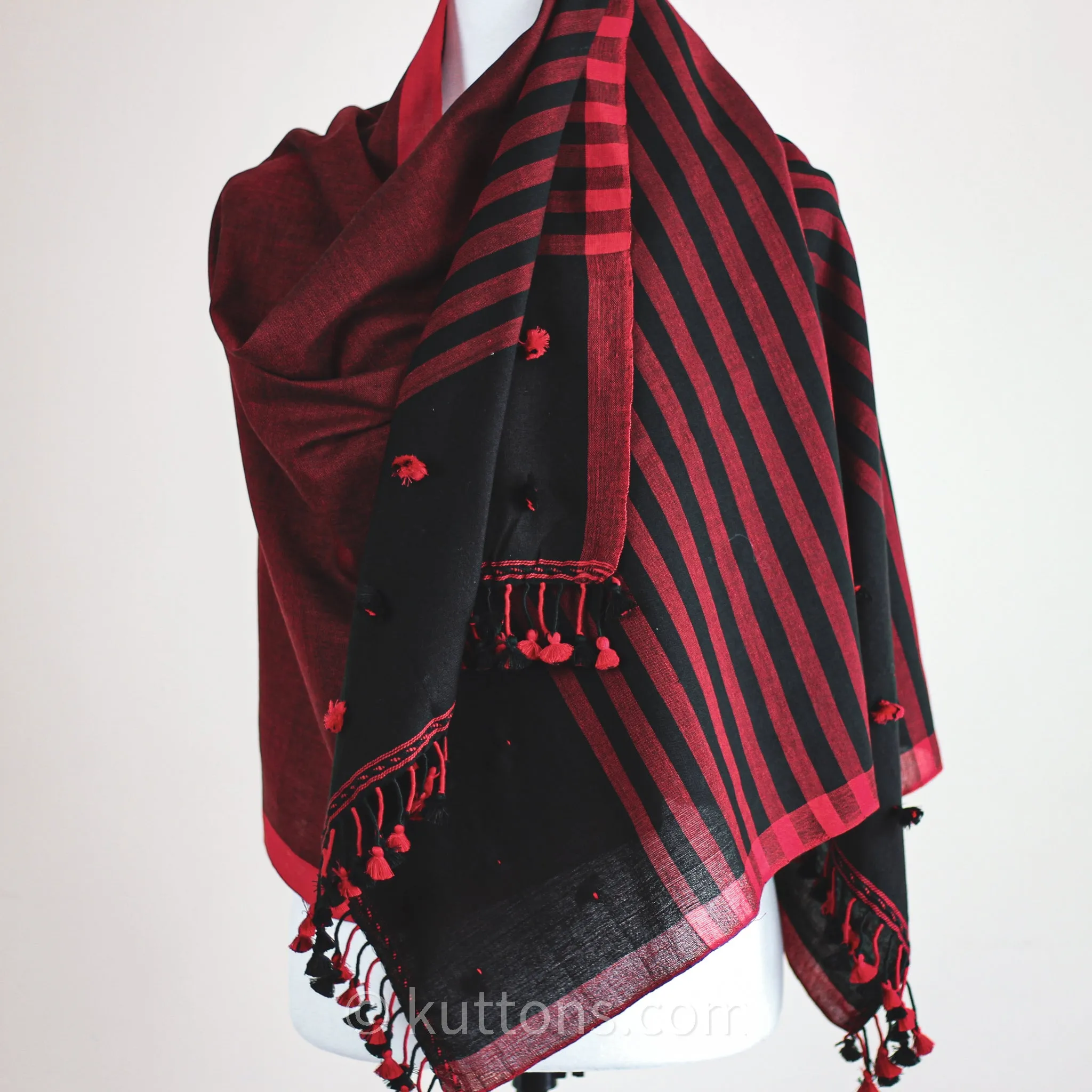 Ethnic Miri Fine Cotton Scarf - Handwoven Wrap with Tassels | Black-Red, 25x76"