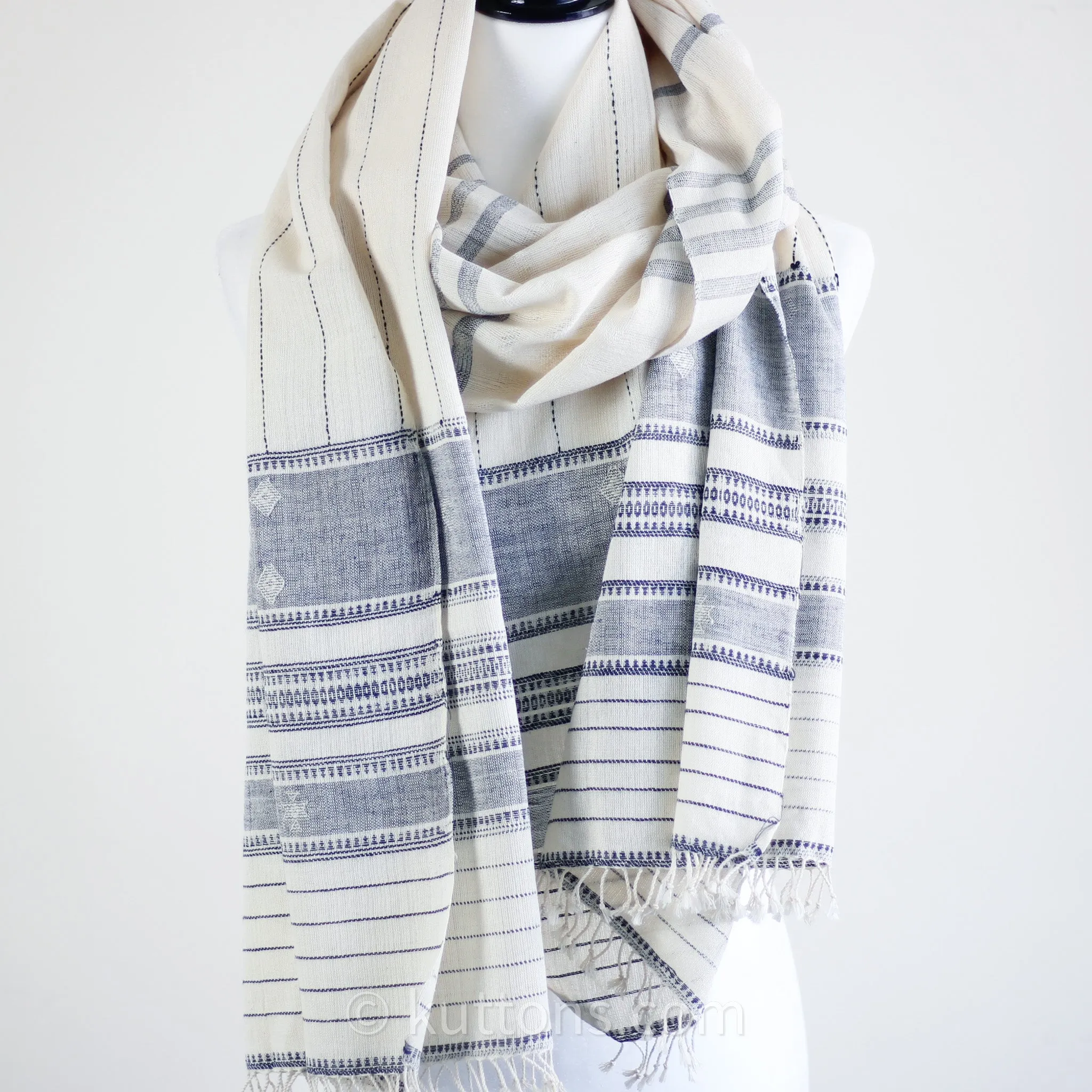 Experience Ethical Elegance - 100% Organic Kala Cotton Handwoven Wrap Scarf | Cream-Blue, 24x82"