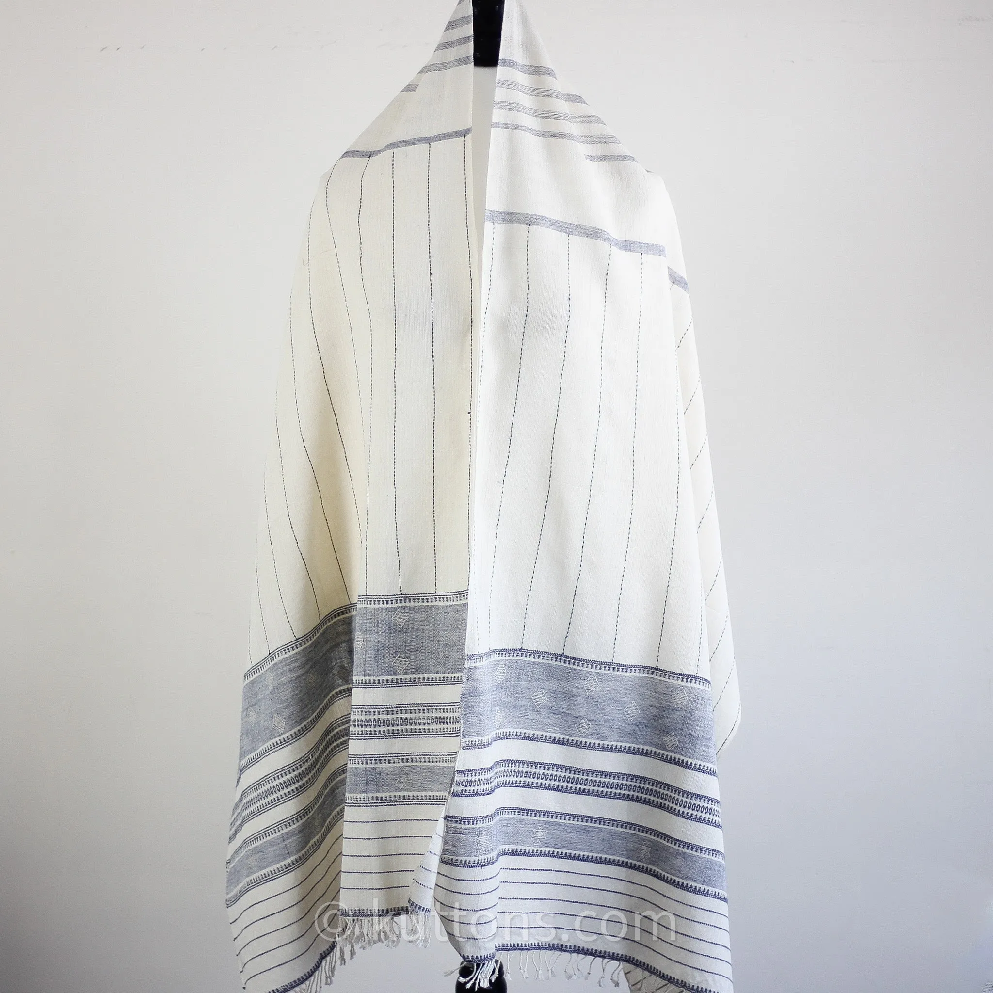 Experience Ethical Elegance - 100% Organic Kala Cotton Handwoven Wrap Scarf | Cream-Blue, 24x82"