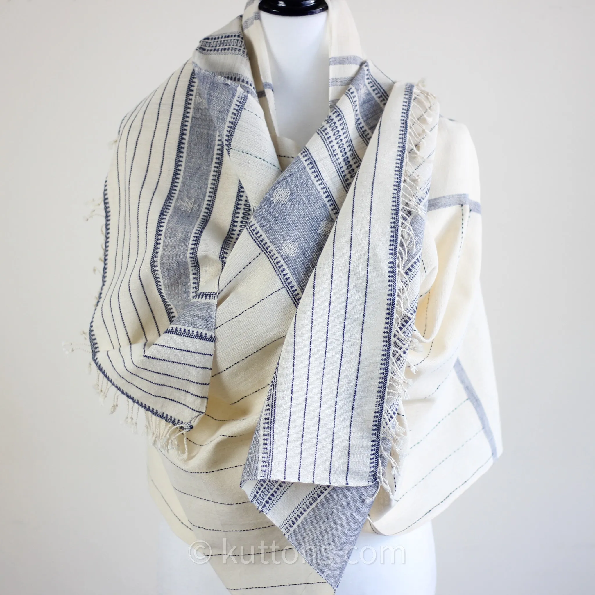 Experience Ethical Elegance - 100% Organic Kala Cotton Handwoven Wrap Scarf | Cream-Blue, 24x82"