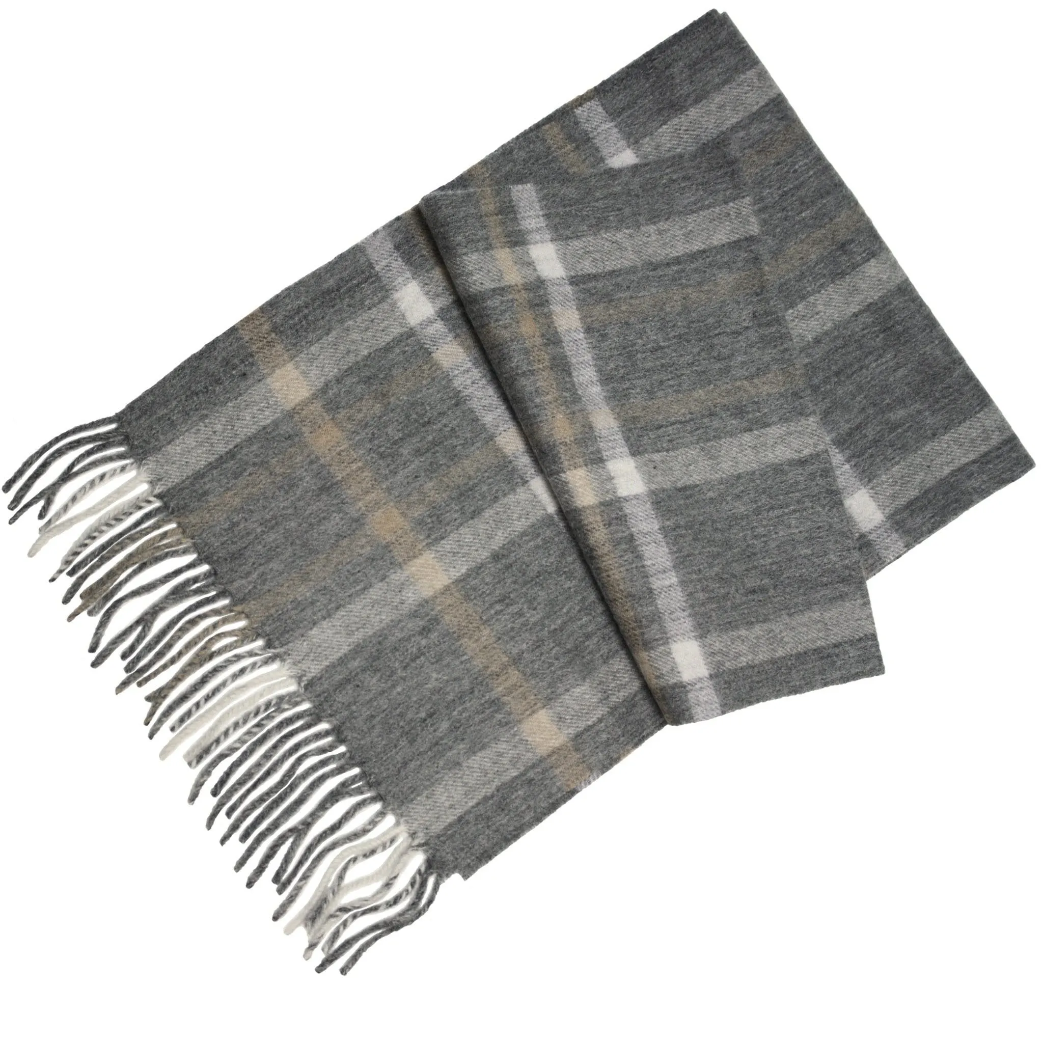 Grey Camel Cashmere Woven Check Scarf