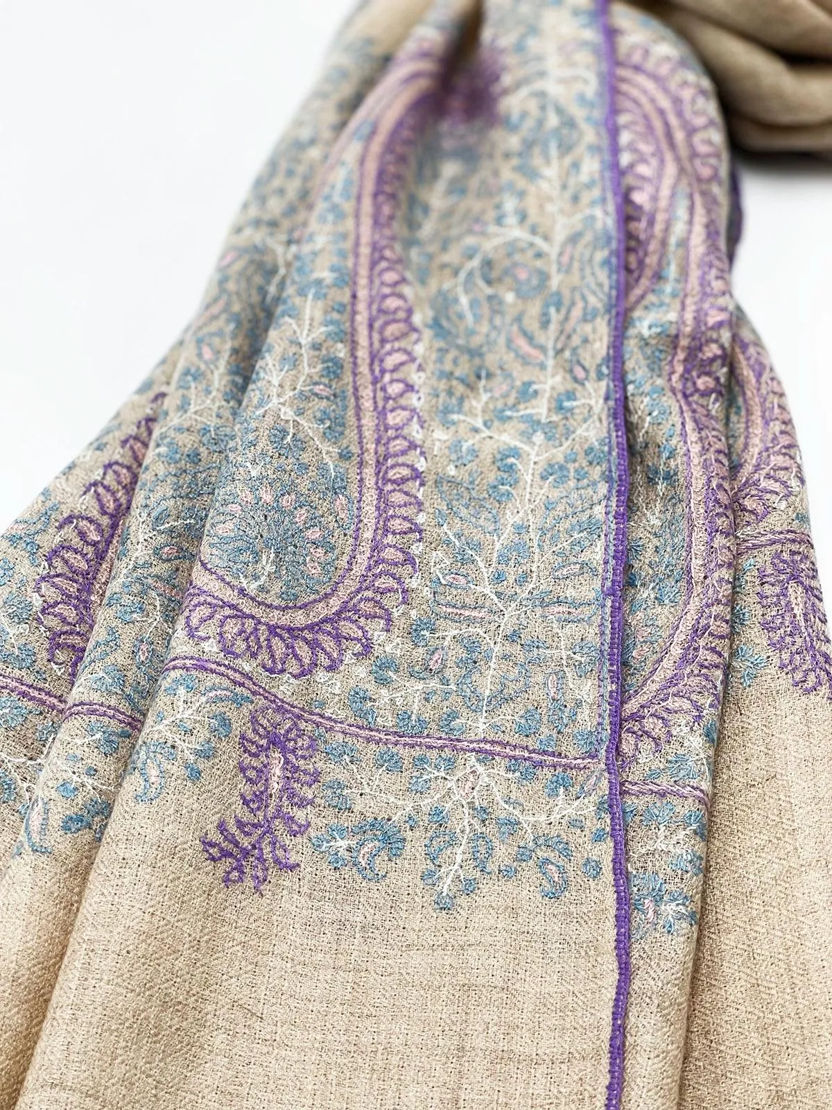 Handwoven 100% Pashmina SHAWL - LIGHT BROWN WITH PURPLE EMBROIDERY