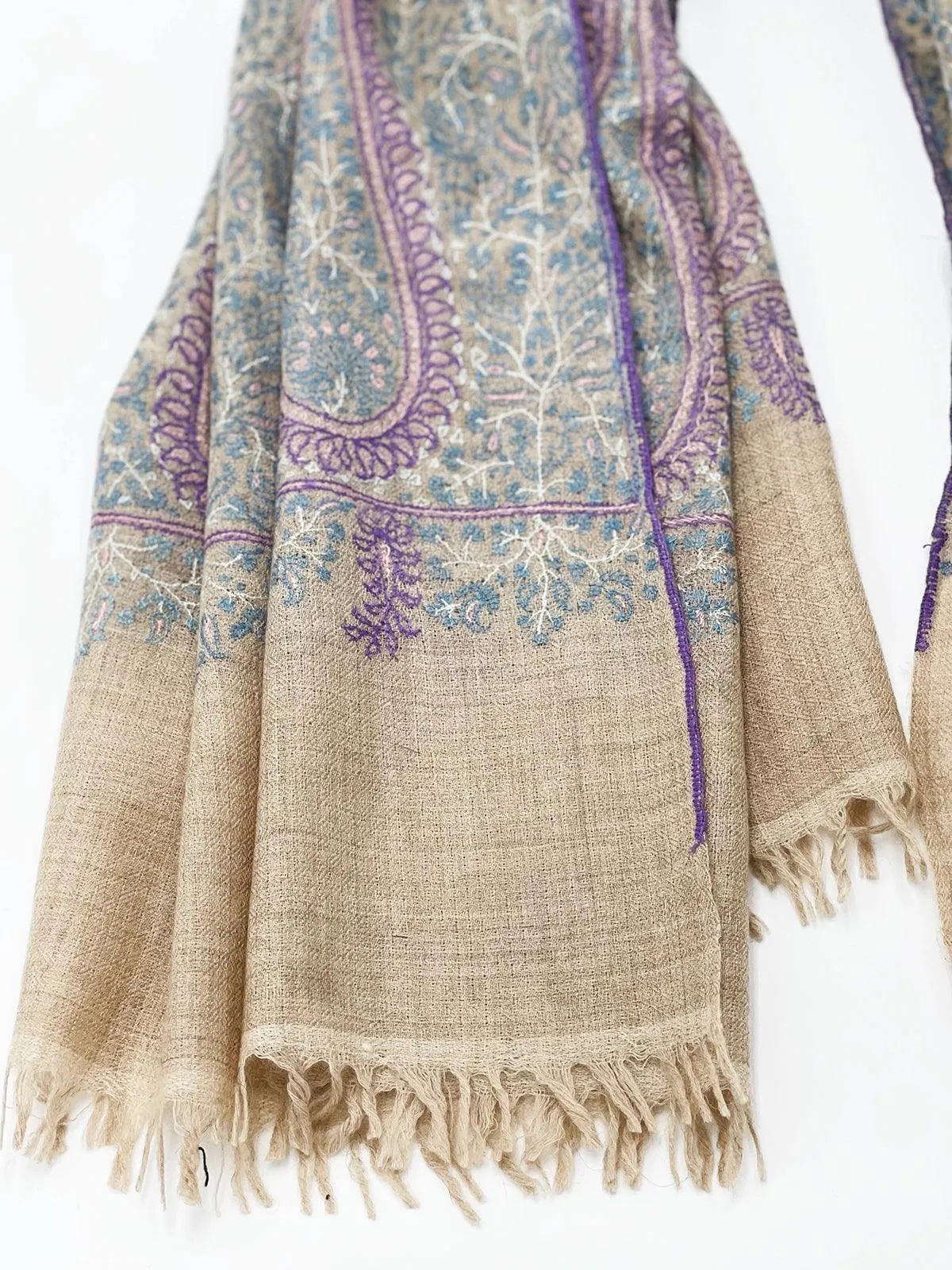 Handwoven 100% Pashmina SHAWL - LIGHT BROWN WITH PURPLE EMBROIDERY