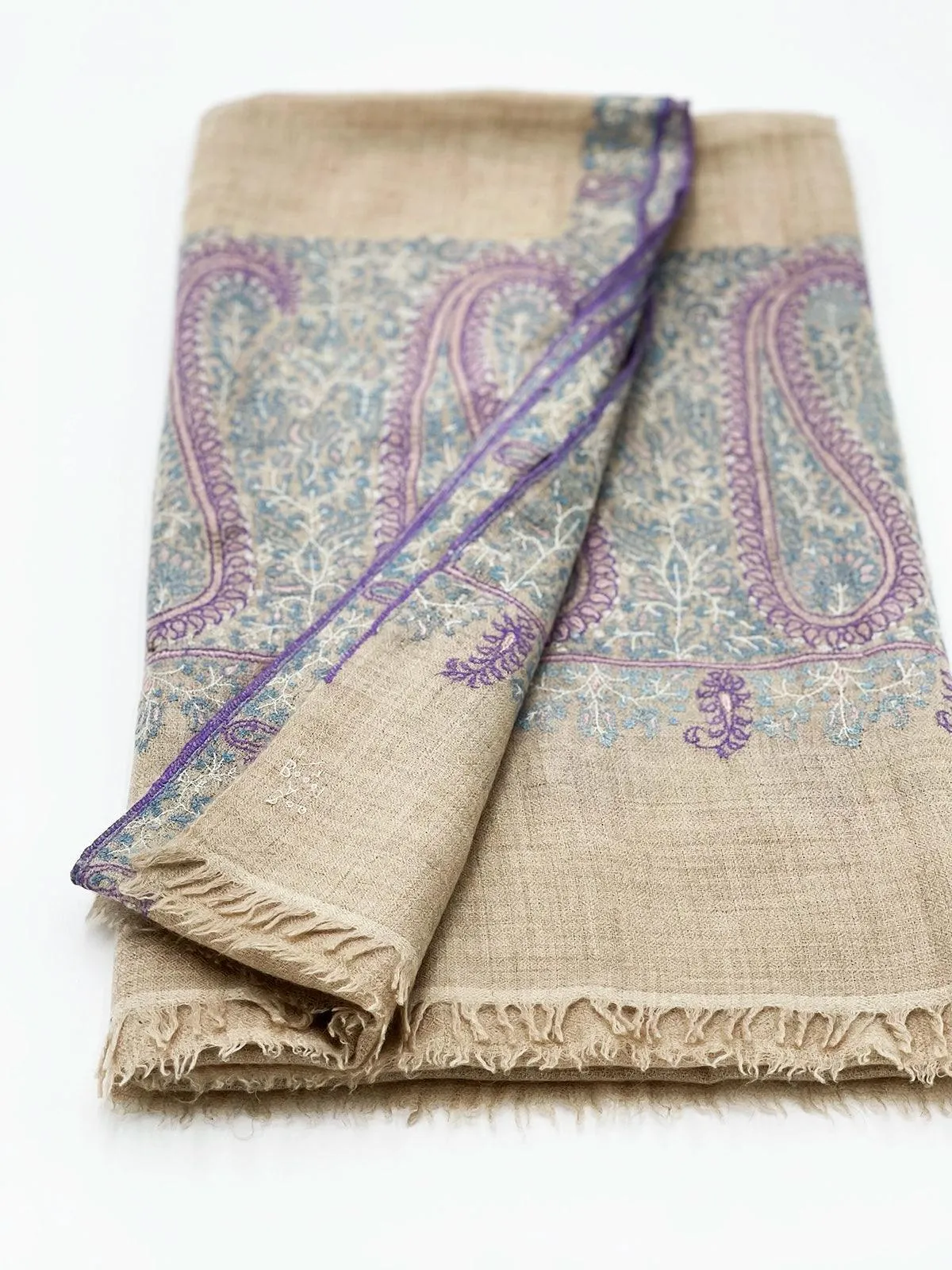 Handwoven 100% Pashmina SHAWL - LIGHT BROWN WITH PURPLE EMBROIDERY