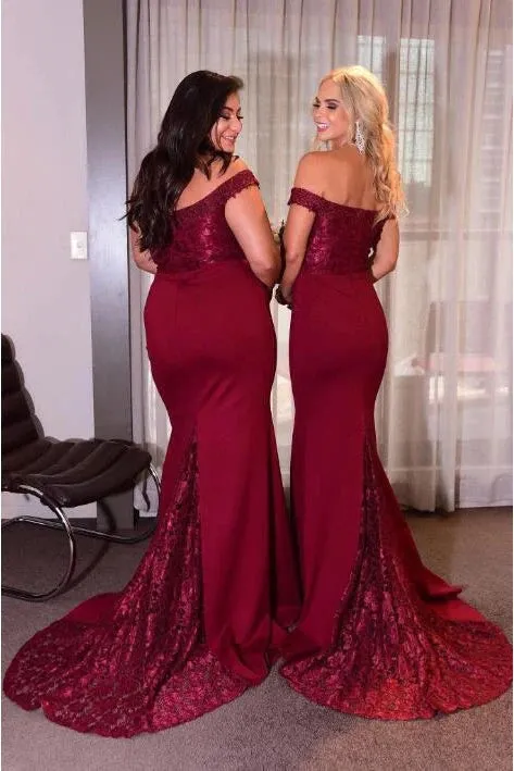 Hot Mermaid Long Off Shoulder Burgundy Lace Bridesmaid Dresses