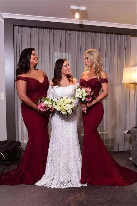 Hot Mermaid Long Off Shoulder Burgundy Lace Bridesmaid Dresses