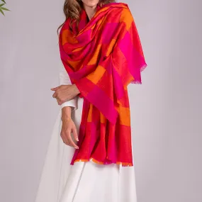 Hot Pink and Orange Hand Woven Check Cashmere Ring Shawl