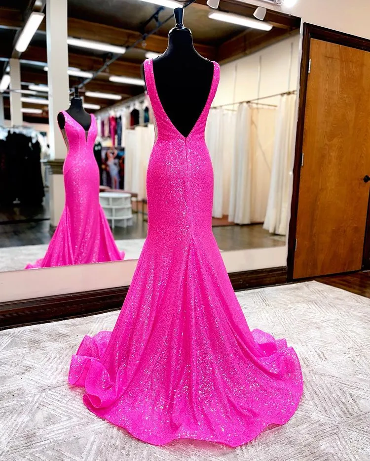 Hot Pink Mermaid Sparkly Sequins Prom Dresses