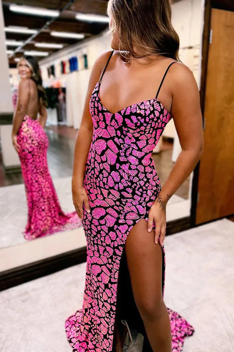 Hot Pink Spaghetti Straps Sequin Mermaid Prom Dresses