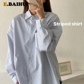 Joskaa Christmas Gift EBAIHUI Blue Striped Shirts Preppy Ofiice Laies Tops Women Fashion Long Sleeve Autumn Blouses Casual Vintage Button Shirts