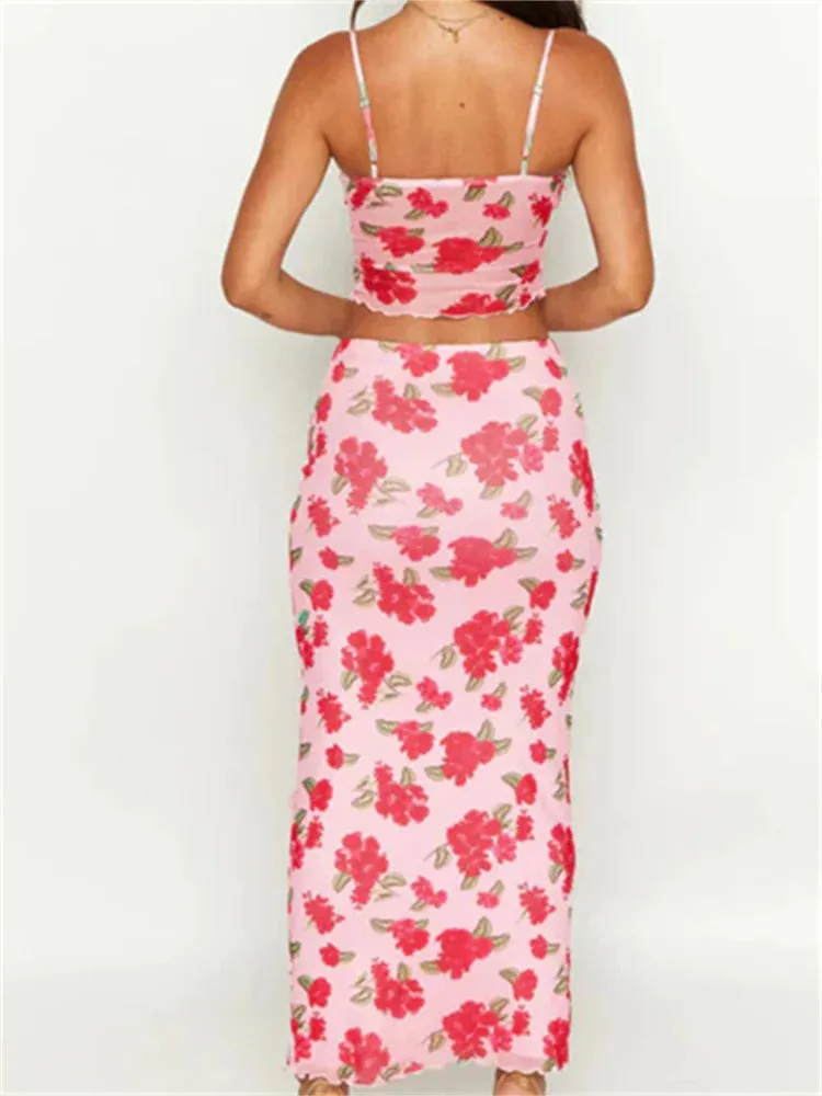 JuliaFashion - Floral Print Sleeveless Strap Mesh Camis High Waist Long Skirts Suits