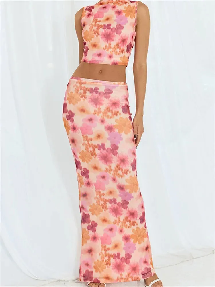 JuliaFashion - Retro Sleeveless O-neck Floral Print Tops Low Waist Long Skirts Suits