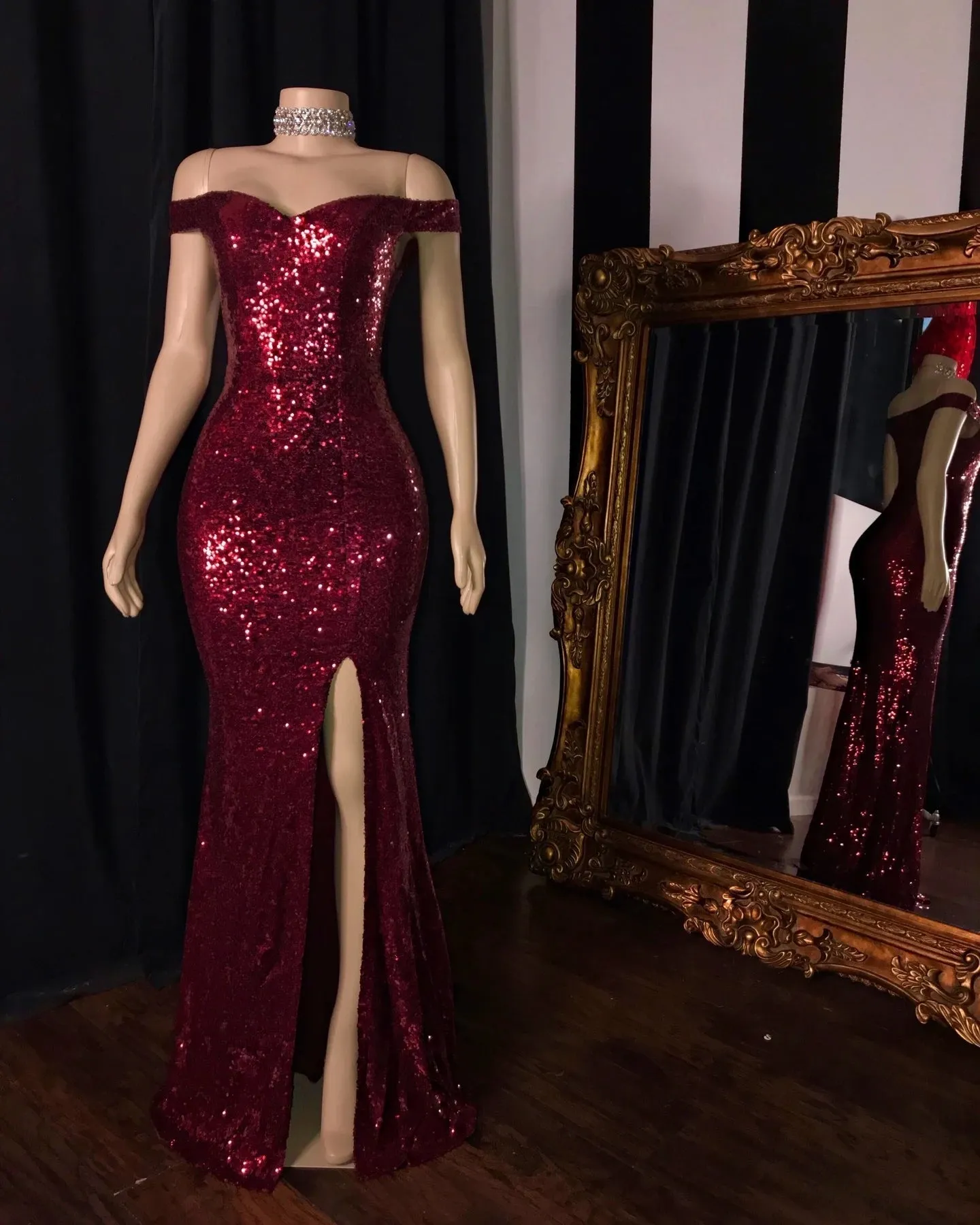 kamahe Long Mermaid Burgundy Sequin Prom Dresses Glitter Split Evening Gown