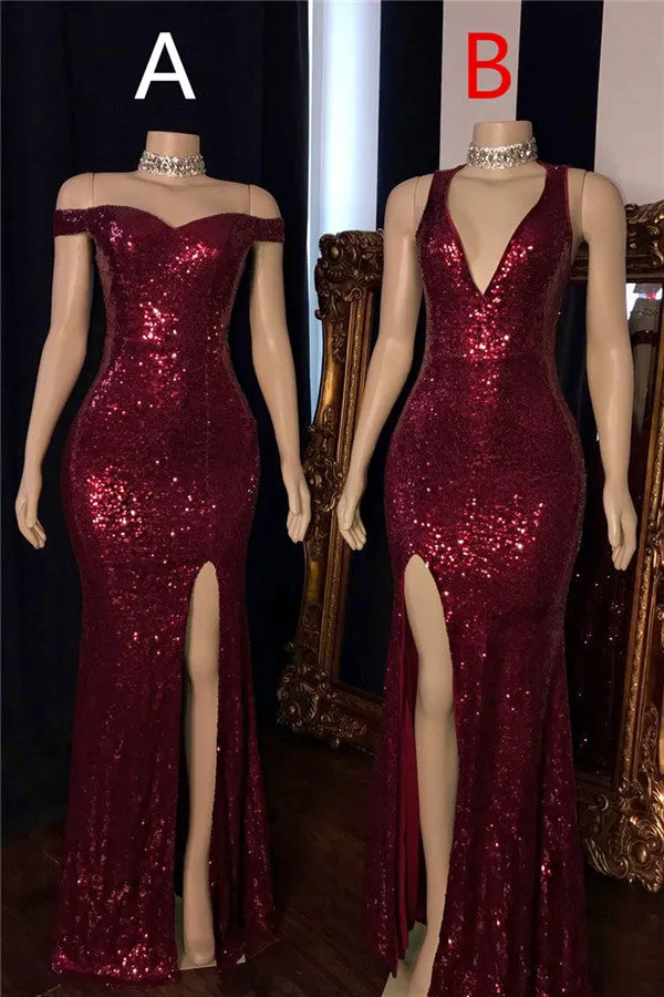 kamahe Long Mermaid Burgundy Sequin Prom Dresses Glitter Split Evening Gown